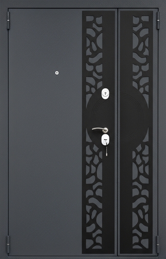 Полуторная входная дверь с лазерной резкой и темно-серым полимерным покрытием