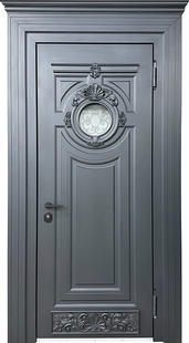 Стальная утепленная термодверь с карнизом, круглым стеклом, серыми панелями МДФ с резьбой