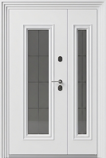 Полуторастворчатая уличная термодверь со скрытыми петлями, стеклопакетами и белым полимерным окрашиванием