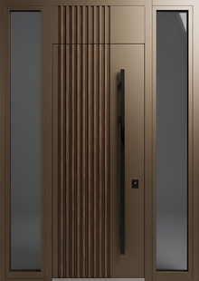 Входная группа с терморазрывом, стеклами по бокам, бугельной ручкой, металлорейками и коричневой покраской